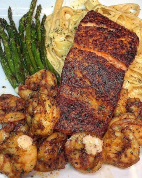 CAJUN SALMON AND SHRIMP ALFREDO