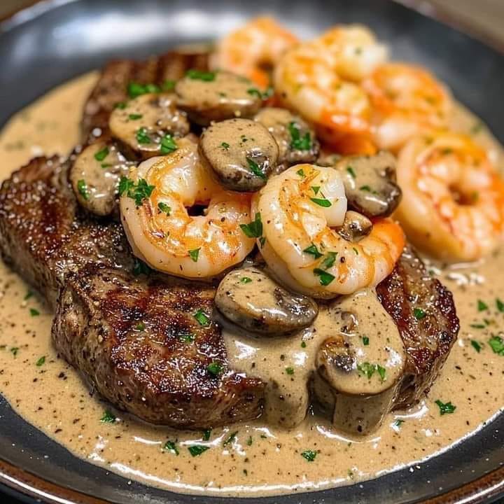 STEAK ET CREVETTES AVEC SAUCE CRÈME AUX CHAMPIGNONS