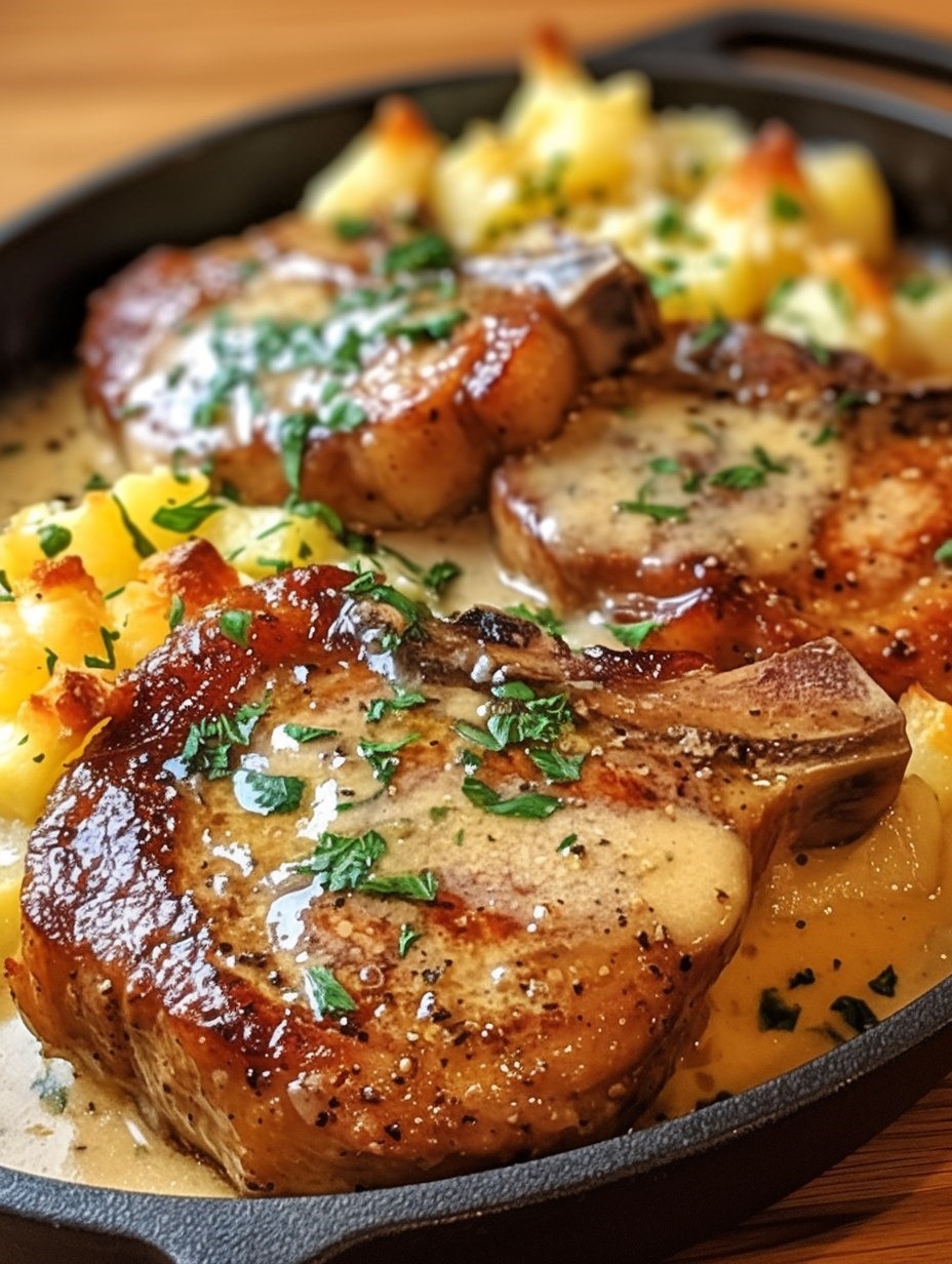 Garlic Butter Pork Chops with Cheesy Potato Bake